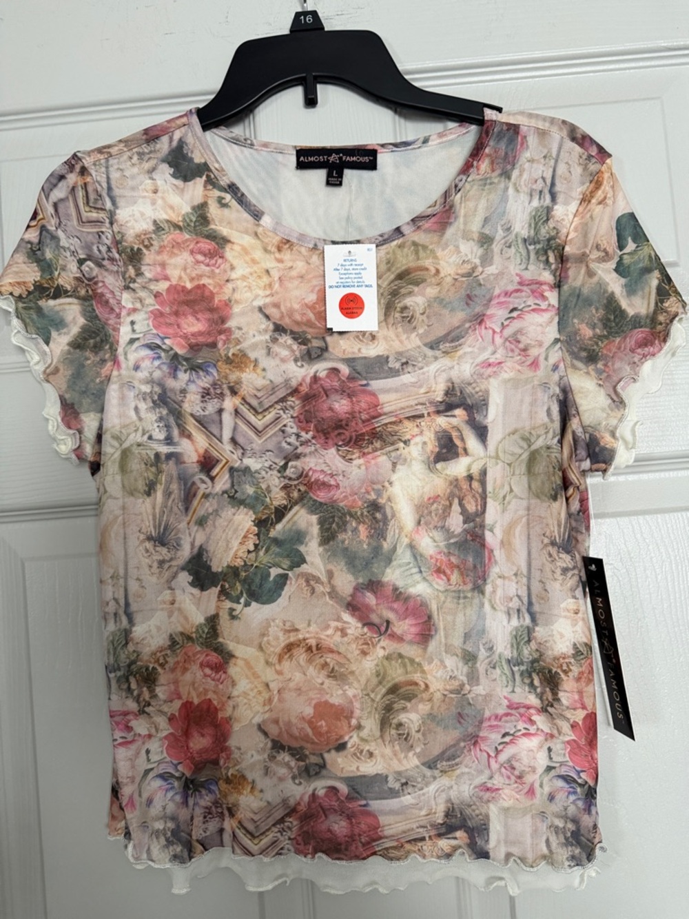 Almost Famous Cream Floral Mesh Short Sleeve Top with Pink & Green Accents